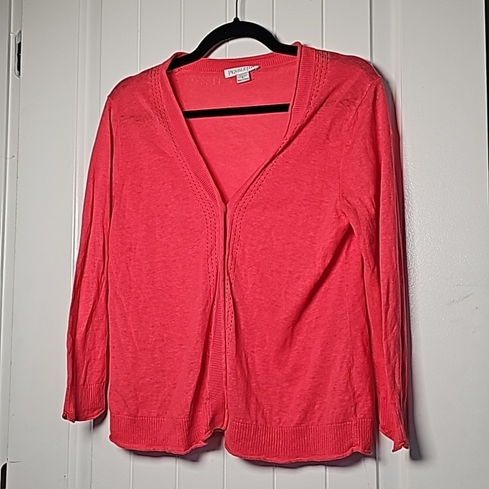 Pendleton L salmon pink one button knit cardigan, long sleeve